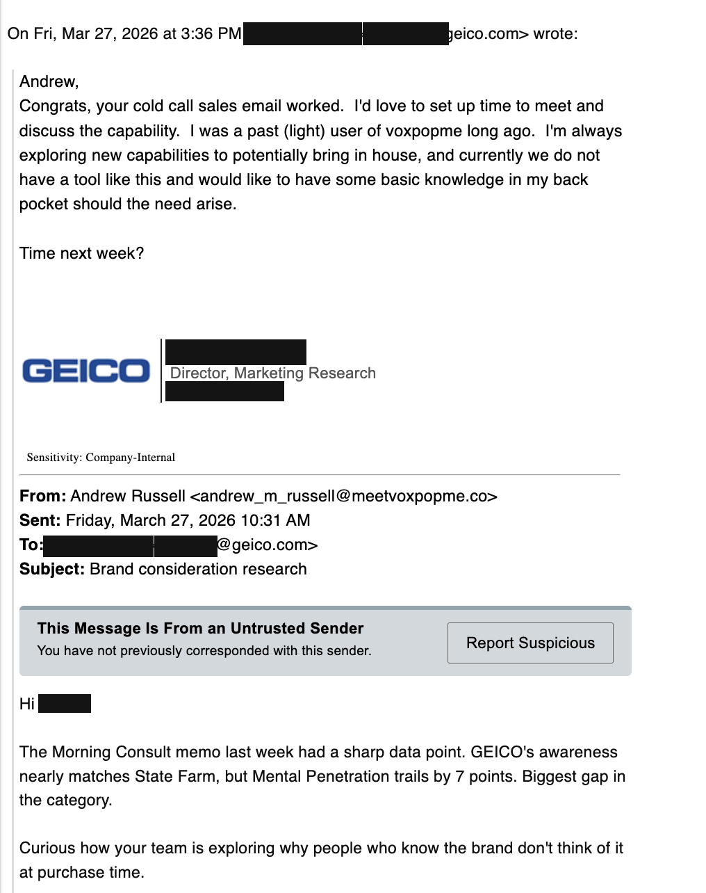 Email thread with GEICO buyer