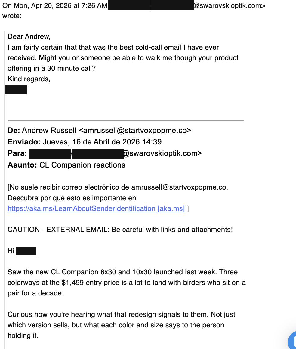 Email thread with Swarovski Optik buyer